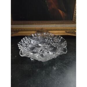 Vintage L.G. Wright 3-Footed Roses Scrolls Bowl 7.75" Pressed Glass Mid Century